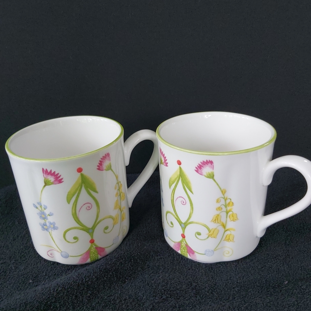 Pier 1 Imports Dolomite Porcelain Lyda Coffee Mugs x 2 Tea Cups Floral Scroll
